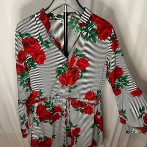 Floral Stripe Midi Dress with Red Rose Print